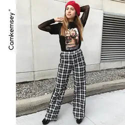 CamKemsey элегантные боковые полосы винтажные клетчатые брюки для женщин 2019 леди повседневные офисные OL прямые брюки без стрейч брюки