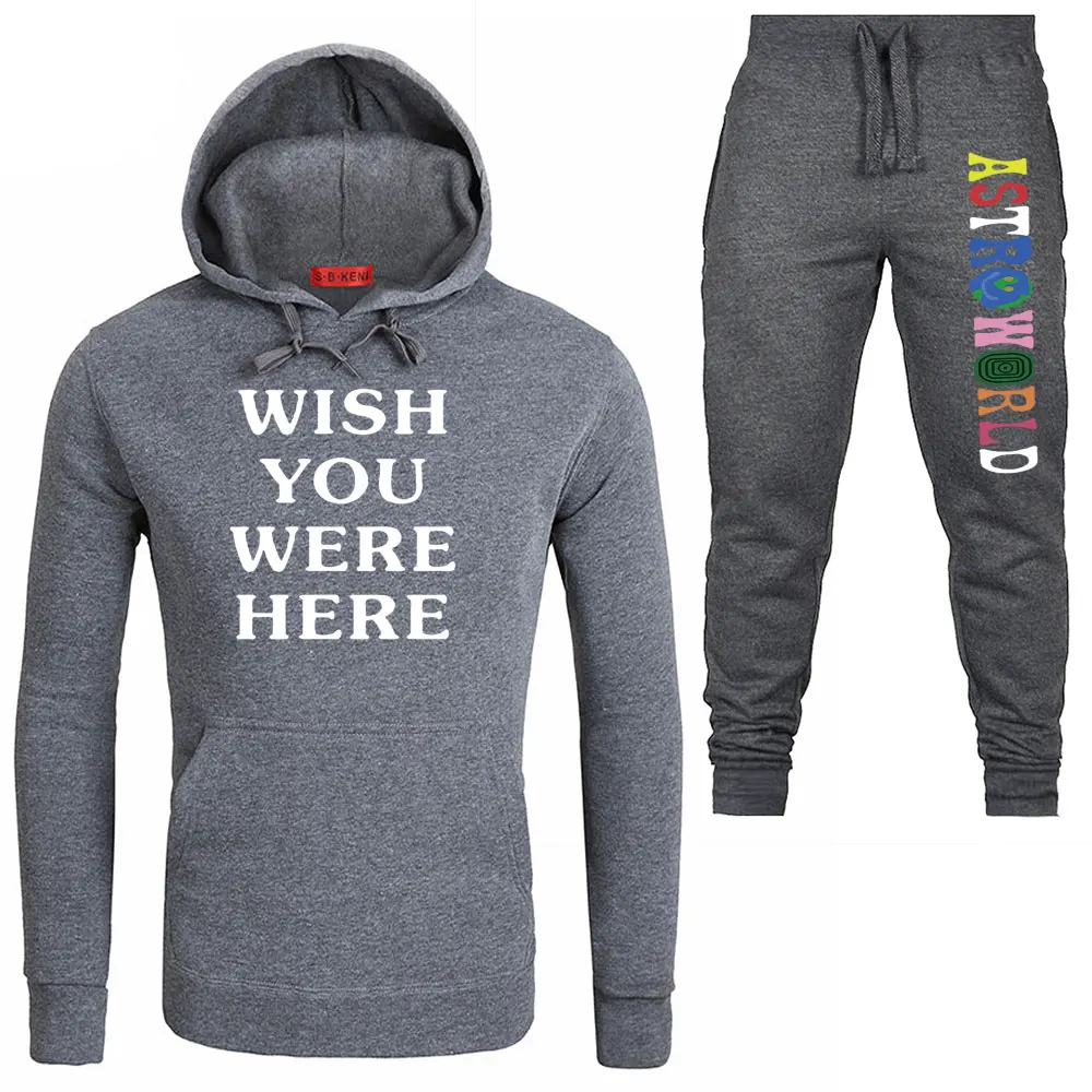 New WISH YOU WERE HERE Print Hoodies Tracksuit Men Sportswear Two Piece Sets Cotton Fleece Thick hoodie+Pant Sporting Suit