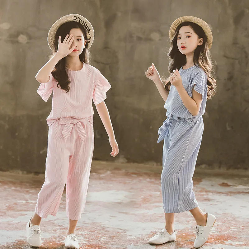 Летние хлопковые полосатые комплекты в китайском стиле с рюшами из 2 предметов простые школьные наряды для девочек-подростков возрастом от 4 до 14 лет, футболка+ штаны для больших девочек