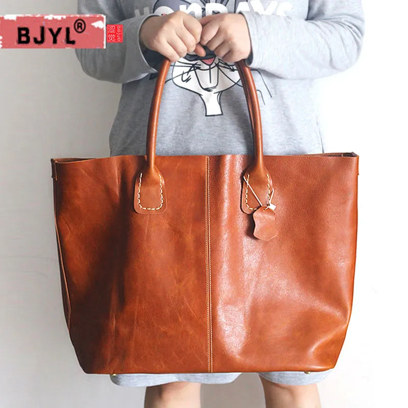 

BJYL new retro Genuine leather Women handbags original manual package large capacity portable shoulder bag mother package