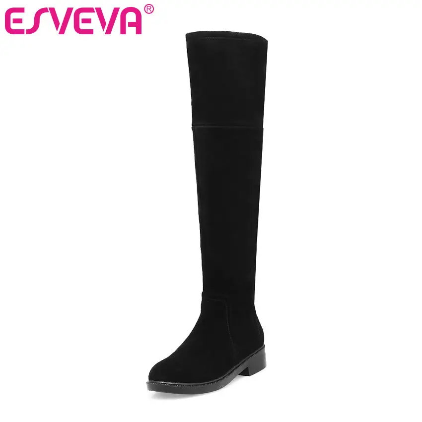 

ESVEVA 2020 Shoes Women Over The Knee Boots Square Low Heel Western Style Round Toe Elegant Boots Shoes Size 34-39 Winter Boots