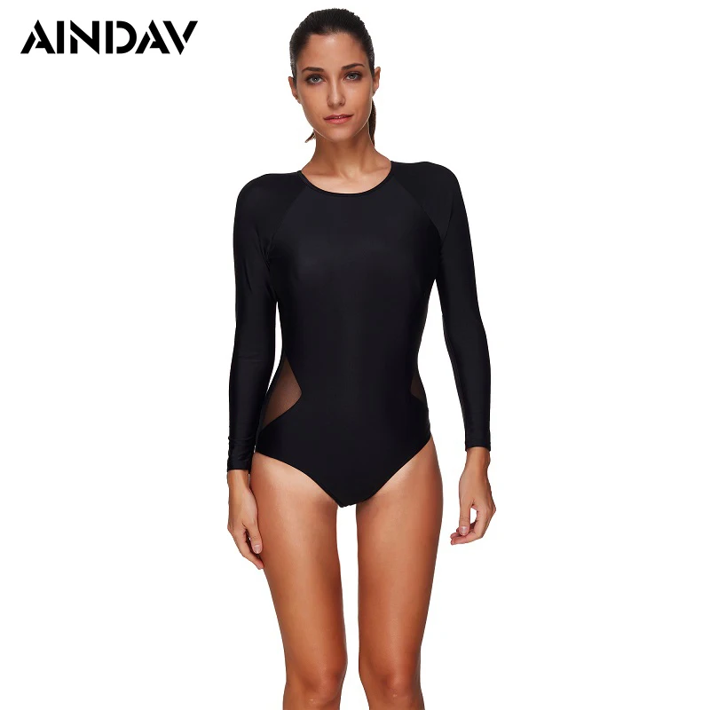 

2019 New Long Sleeve Swimwear Sexy Mesh Bathing Suit Women One Piece Swimsuit Winter Trikini Classic Black Monokini Badpak XXXL