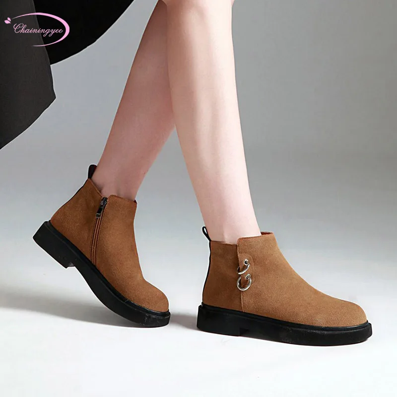 

European casual style nubuck natural leather ankle boots zipper metal trim low-heeled chunky motorcycle boots women's shoes