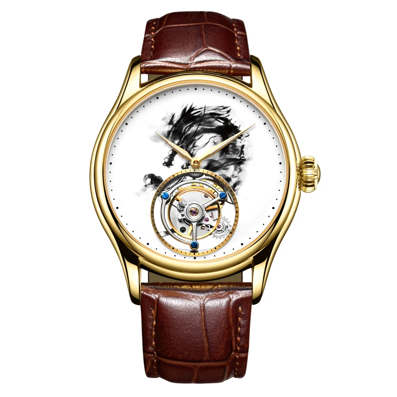 Настоящие Tourbillon мужские часы с драконом, мужские брендовые механические часы с сапфиром копейкой, водонепроницаемые мужские Tourbillon наручные часы 7011G