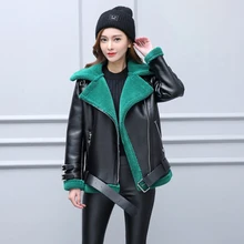 Новинка зимнее женское мотоциклетное зеленое пальто из искусственной овечьей шерсти для женщин размера плюс свободные короткие пальто из искусственной кожи Куртки H135