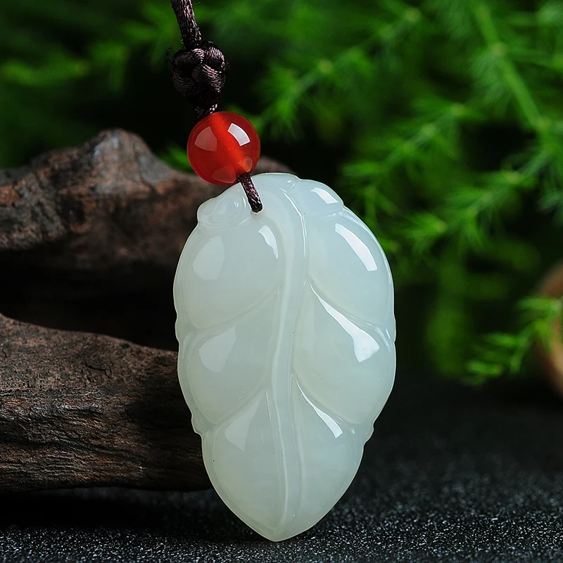 Hetian Jade Leaf pendant with certificate natural White Jade Men and