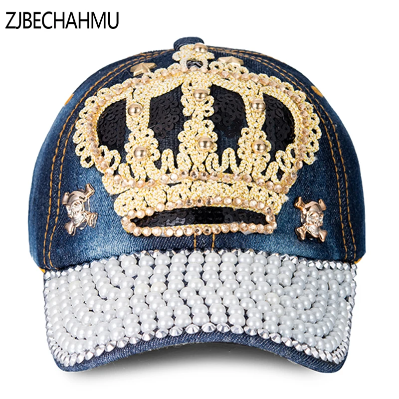

ZJBECHAHMU Hats Women Baseball Caps Crown pearl Sequins Hip Hop Cap Vintage Denim Snap Back Design Cap Fashion Snapback Hat New