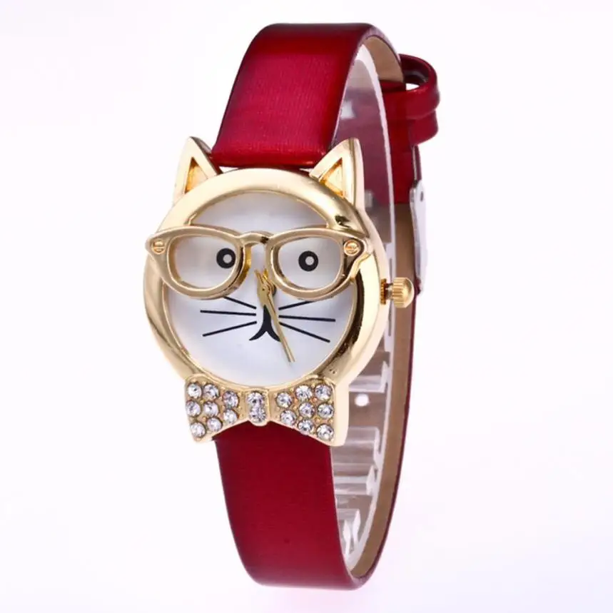 Tomezone#25 милые женские часы очки кошачьи Женские Аналоговые кварцевые наручные часы с циферблатом - Цвет: Красный