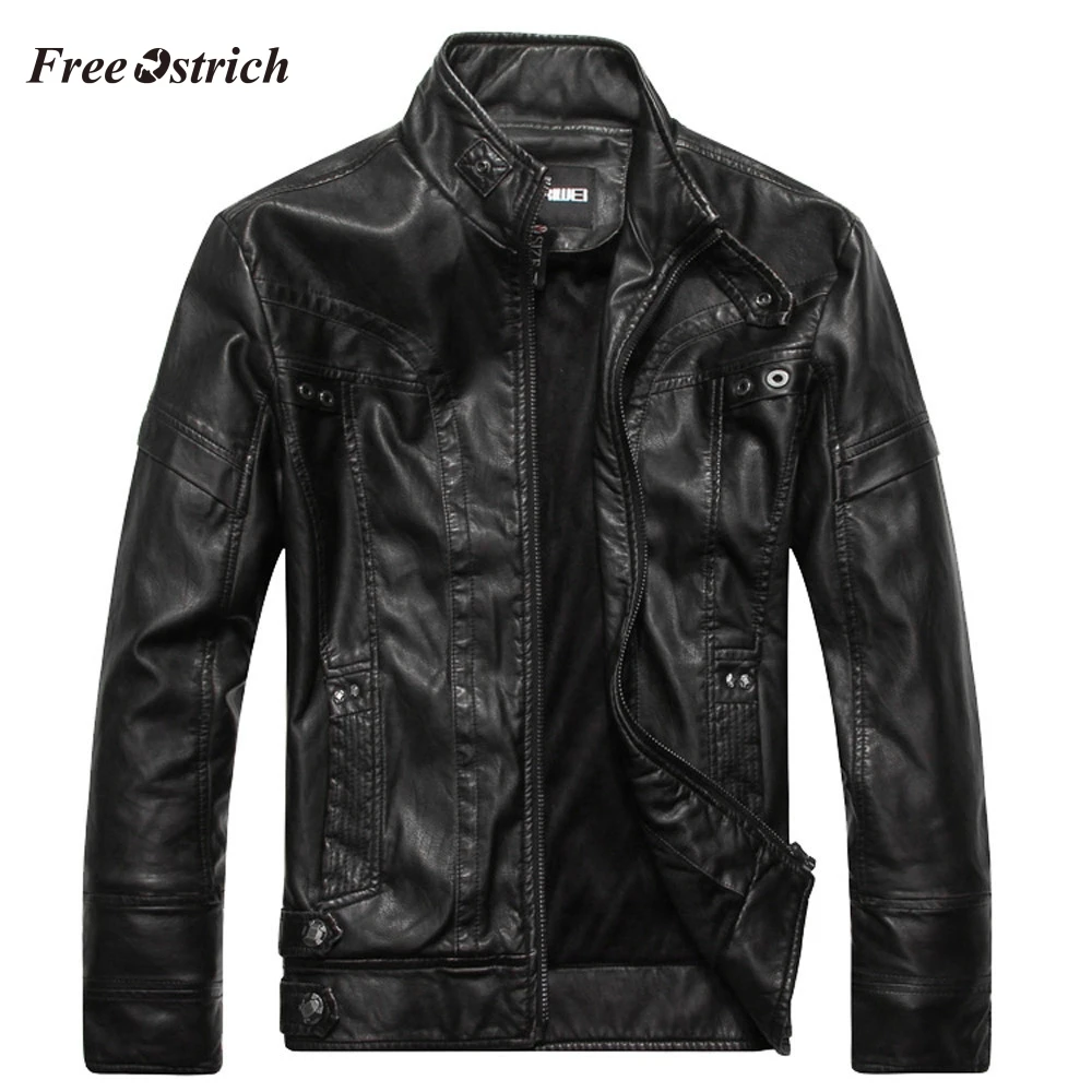 

Free Ostrich Men's Stand Collar Leather Jacket Pure Color Zipper Cardigan Leather Coat For Men Solid Cool Tops Motorcycle Jacket