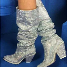 Дизайн; роскошные женские Сапоги выше колена с острым носком, серебристые стразы, на толстом каблуке; высокие сапоги В рыцарском стиле на не сужающемся книзу массивном каблуке