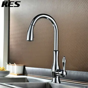 

KES Brass Singel Lever High Arc Pull Down Kitchen Faucet with Retractable Pull Out Wand, Swivel Spout, Chrome, L6915