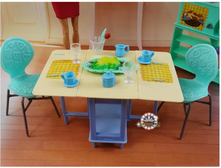 For barbie Kelly Ken Doll Green Dining Table Showcase Set / Dollhouse Dining Room Furniture Cup Chair Accessories Girls Gift For barbie Kelly Ken Doll Green Dining Table Showcase Set / Dollhouse Dining Room Furniture Cup Chair Accessories Girls Gift