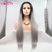 DOROSY волосы высокая температура волокно бразильский полный черный Омбре серебристо-серый длинные прямые синтетические кружева спереди парик для женщин