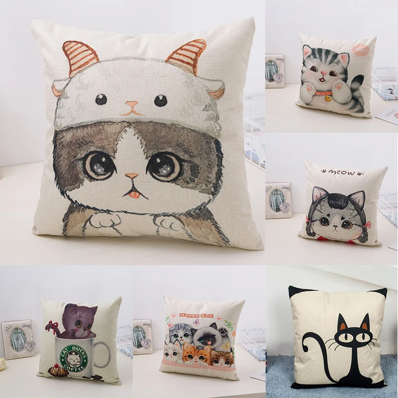 

New Cute Cat Pillow Cover flax Printing Dyeing Bed Home Pillow Cover Bedroom Pillowcase 45*45cm