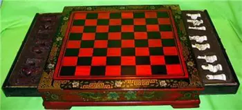 

26*25cm Height old handwork Collectibles Vintage 32 chess set with wooden Coffee table crafts tools wedding
