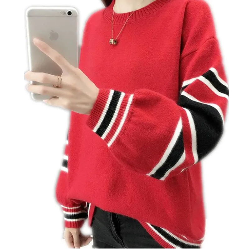 

Autumn Winter Women Sweater And Pullovers 2018 New Patchwork Colors Women Knitted Jumper Tops Lantern Sleeve Loose Knitwear Q953