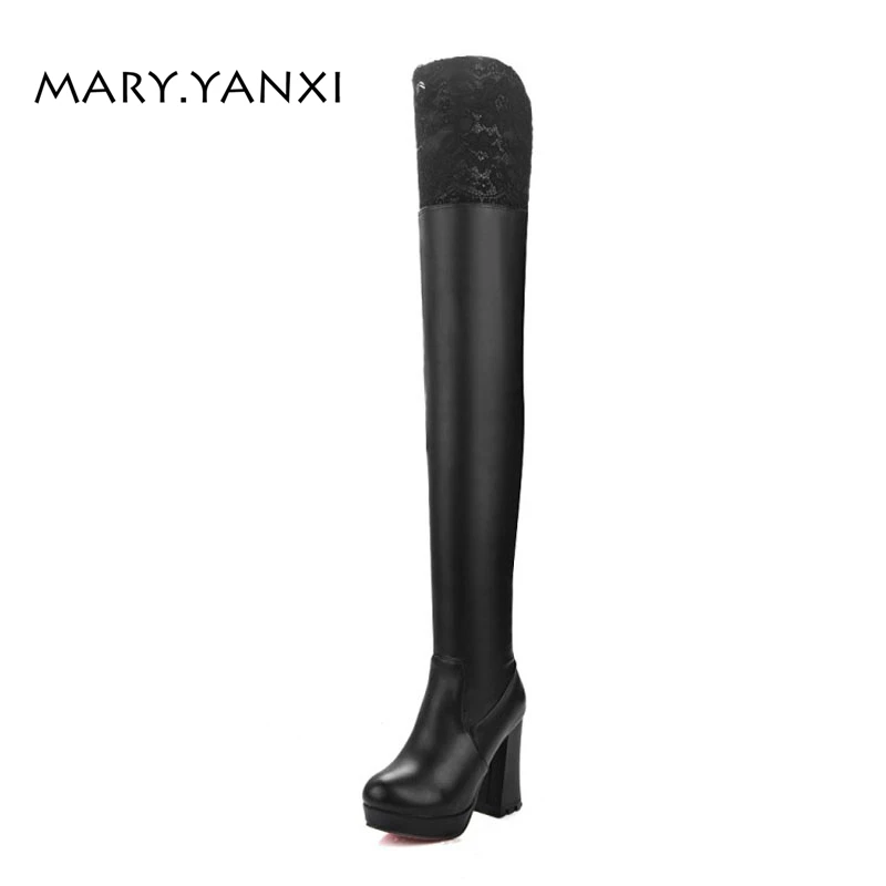 

Spring/Autumn Women Long Boots Over the Knee Boots Flock PU Paltform Lace Zipper Plus Size Shoes Fleeces Solid Super High Heels