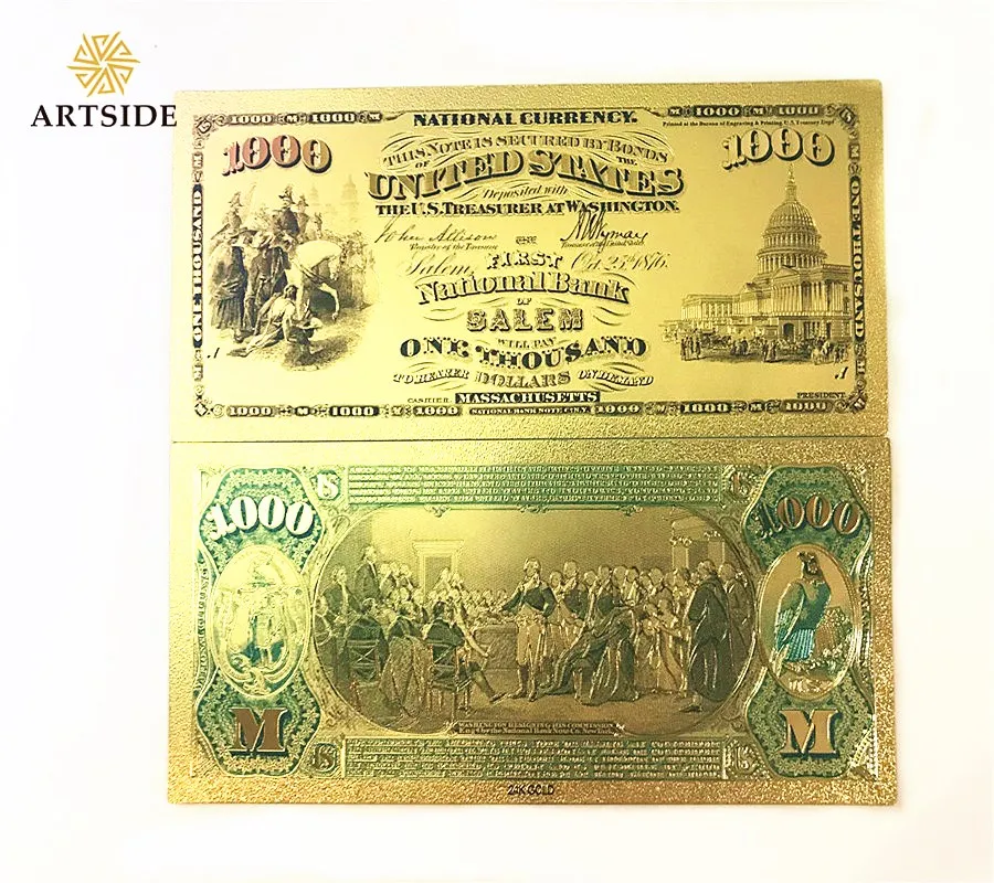 Golden Dollar Bills 1875 USD 1 24K 999 Gold Foil Plastic Currency Banknote For Collection - Цвет: 1875 USD 1000