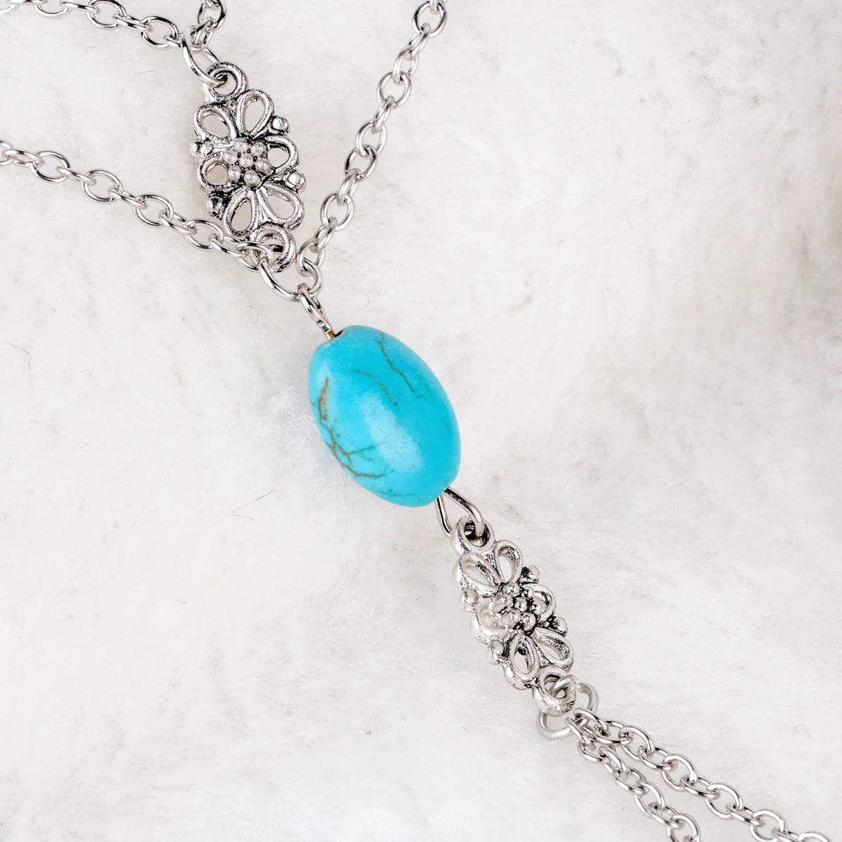 Fashion Chain Bracelet Drop Punk Silver Plated Women Metal Hand Harness Chain Turquoise Beads Slave Finger Ring Boho Jewelry