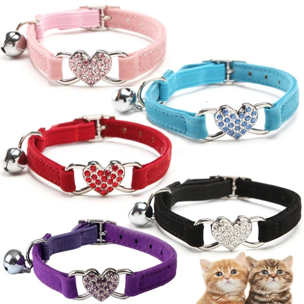 DHL 30PCS Cute Crystal Elastic Dog Collar Velvet Bell Heart Shape Pet