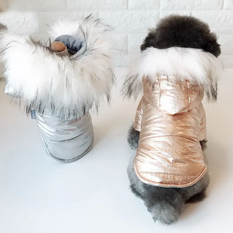 

Warm dog clothes autumn and winter gold silver two feet dog coat s-xxl large size fur collar for pet dogs