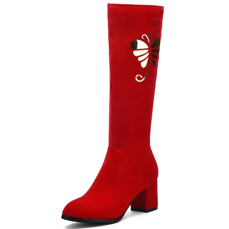 

2016 new arrival simple side zipper knee boots cozy small round toe fashion butterfly bronzing leisure knight boots dxj1058