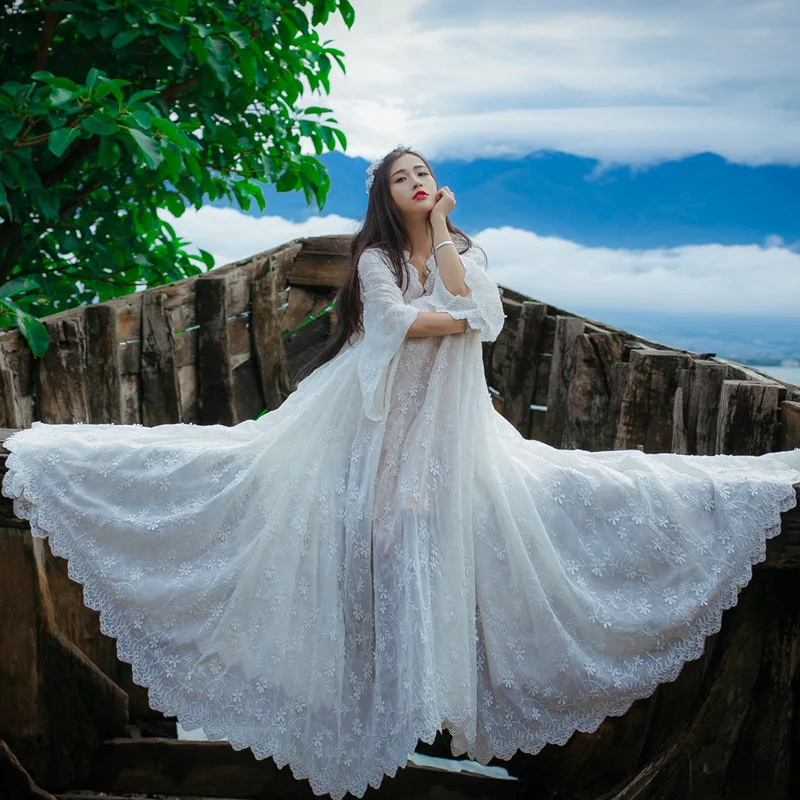 Grote Swing Sexy Bohemian Stijl Ruches Wit Kant holle-out Bloem Borduren Lange Chiffon Jurk Wit Maxi Strand dame jurken Grote Swing Sexy Bohemian Stijl Ruches Wit Kant holle-out Bloem Borduren Lange Chiffon Jurk Wit Maxi Strand dame jurken