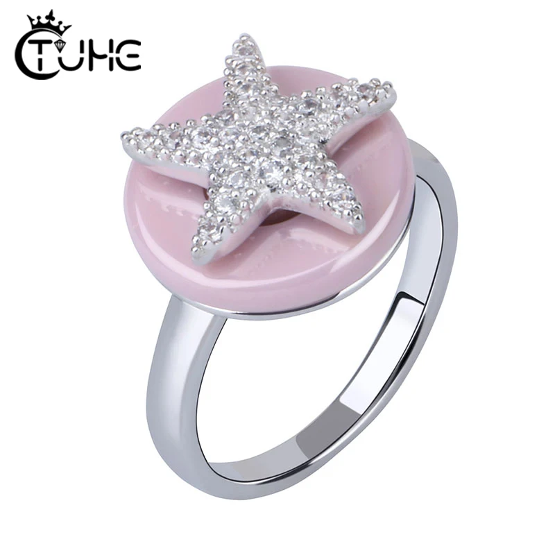 

Pink Black White Luxury Big Round Star Gem Stone Silver Cubic Zirconia Ceramic Ring Statement Rings For Women Jewelry Bijoux