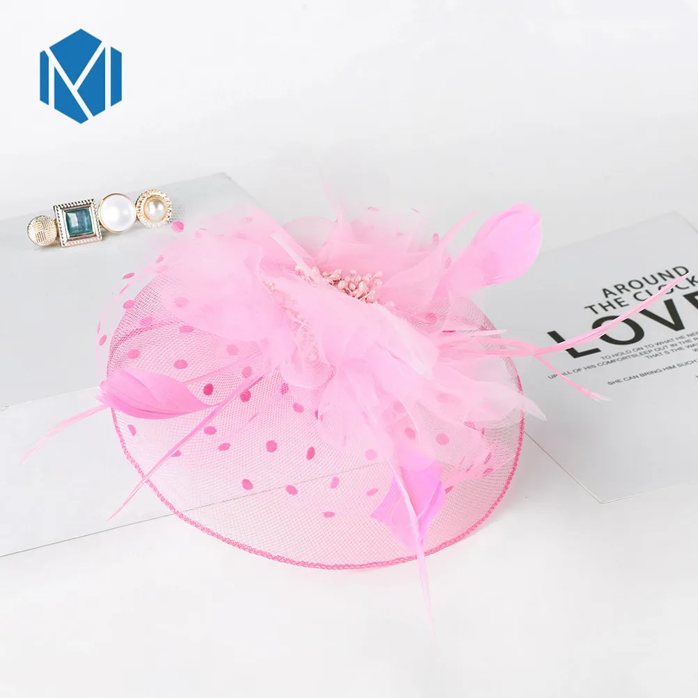 М мизм 1 шт. кружево перо шляпа заколка для волос для женщин Красочные цветок заколки Свадебные/вечерние/аксессуары для волос на выпускной вечер Франция дизайн - Цвет: Pink