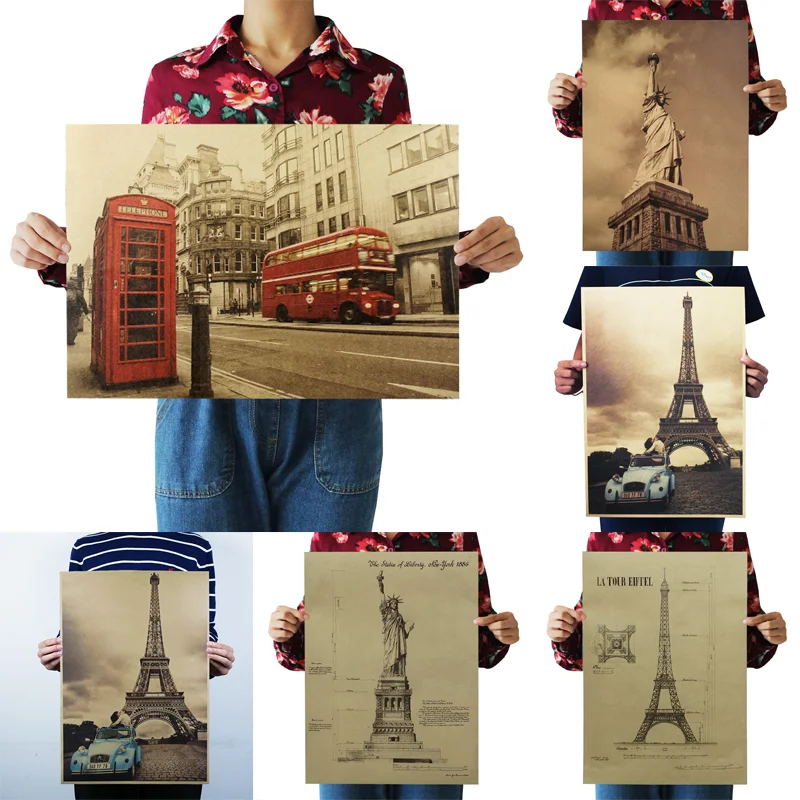 

mling Paris Eiffel Tower Nostalgia Kraft Paper Bar Cafe Poster Retro Poster Decorative Painting Wall Sticker Home Decoration