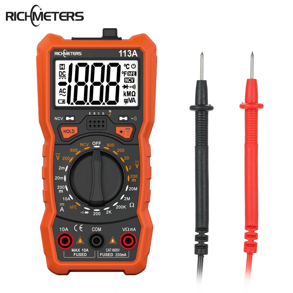 RM113A NCV Цифровой мультиметр 2000 отсчетов HFE AC/DC Напряжение Ток Ома метр вспышка светильник задний светильник большой экран