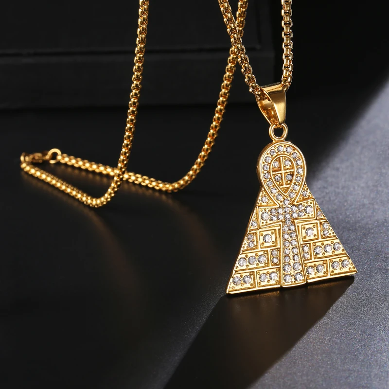 D&Z Ancient Pyramid Ankh Egyptian Cross Pendants & Necklaces Men 316L