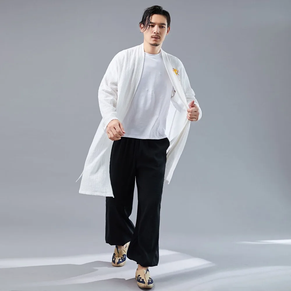 LZJN 2019 Casual Long Sleeve Shirt Summer Men's Vintage Embroidery Kimono Cardigan Cotton Linen Cloak Poncho Open Front Coat (7)