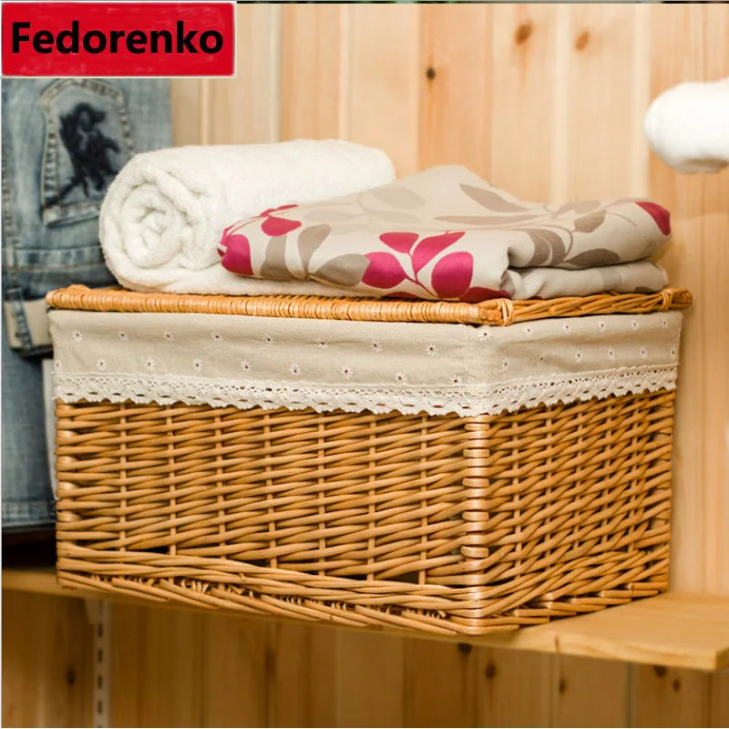 Handwoven Household Wicker Storage Basket with Cloth Liners Large Laundry Cloth Organizer Box Pastoral Wicker Baskets with cover
