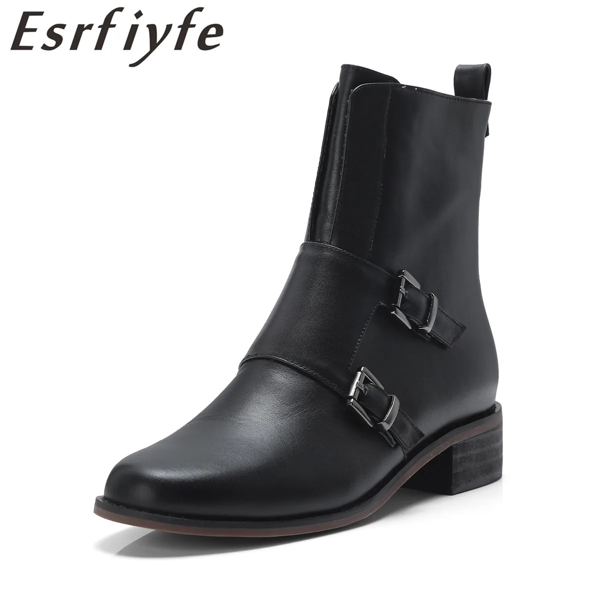 

ESRFIYFE Women Boots Genuine Leather Winter Mid Calf Boots Female Round Toe Thick Heel Casual Ladies Shoe Platform Martin Boots