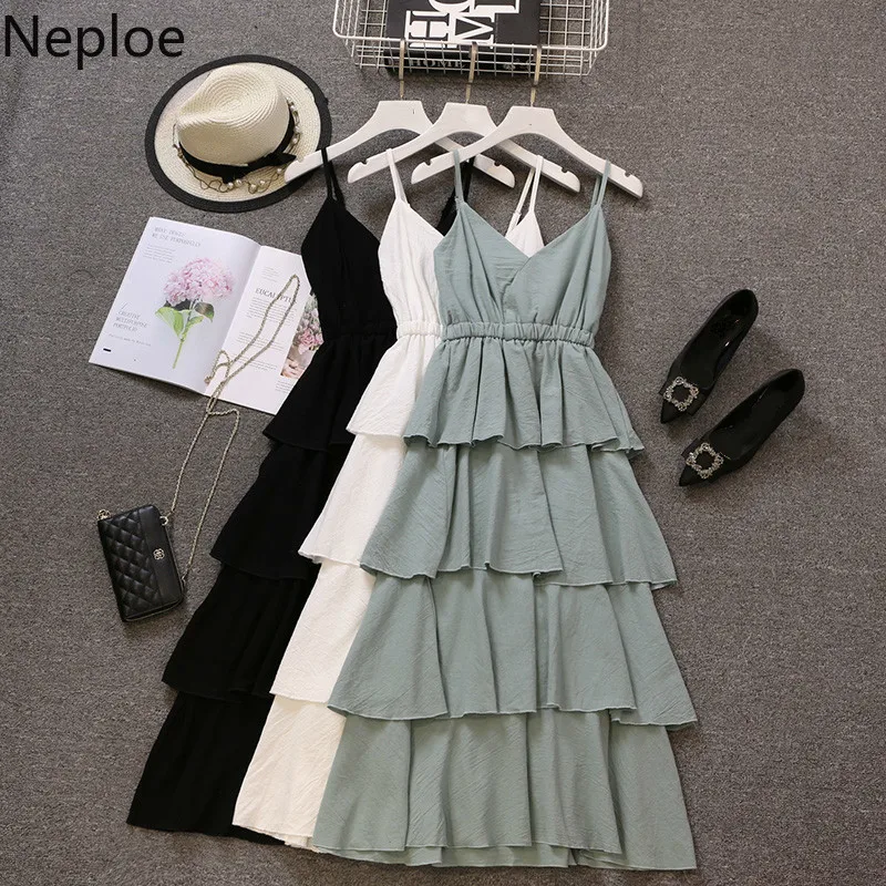 

Neploe Backless Sling Adjustable Dress V-collar High Elastic Waist Women Summer Beach Vestidos Ruffles Solid Long Dresses 38987