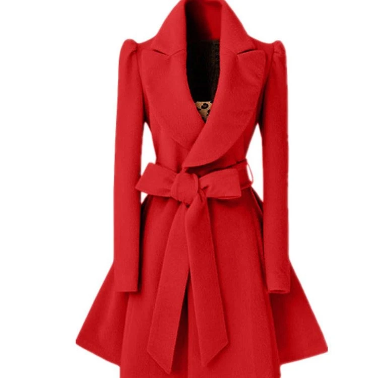 Женское Однотонное шерстяное пальто с поясом, осенняя приталенная верхняя одежда трапециевидной формы с длинным рукавом, Женский Тренч, пальто Xnxee - Цвет: Красный