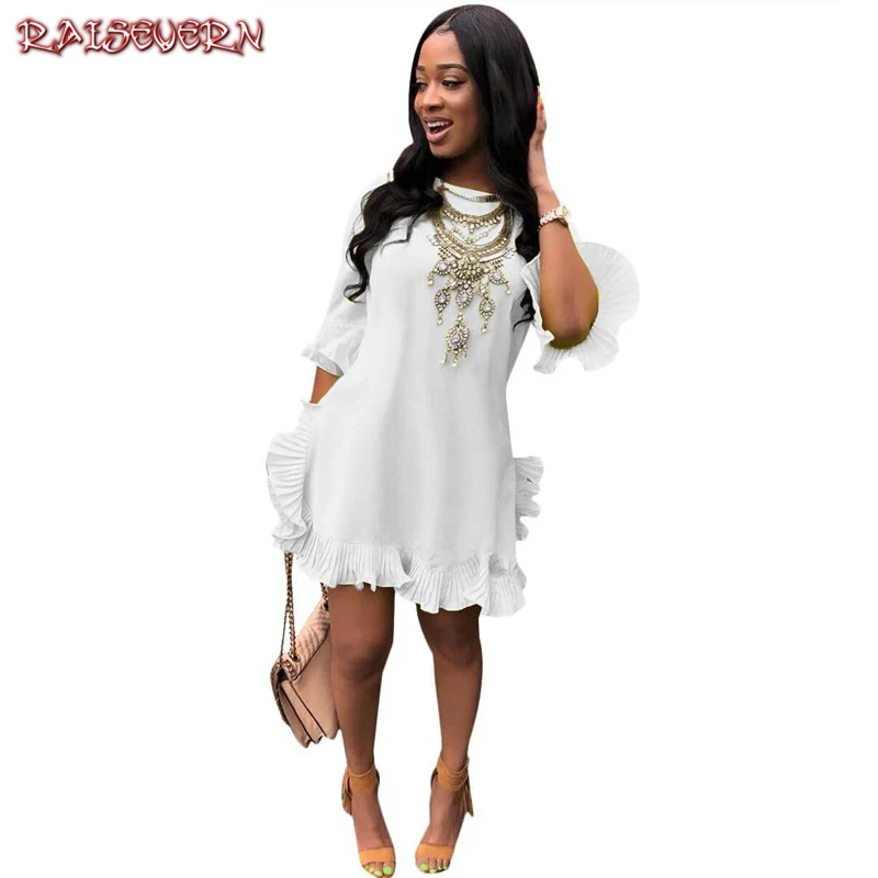 

RAISEVERN 2019 Summer Women Mini Cake Beach Boho Dress Solid Half Sleeve Ruffles Evening Party Dress Vestidos Verano Robe Femme