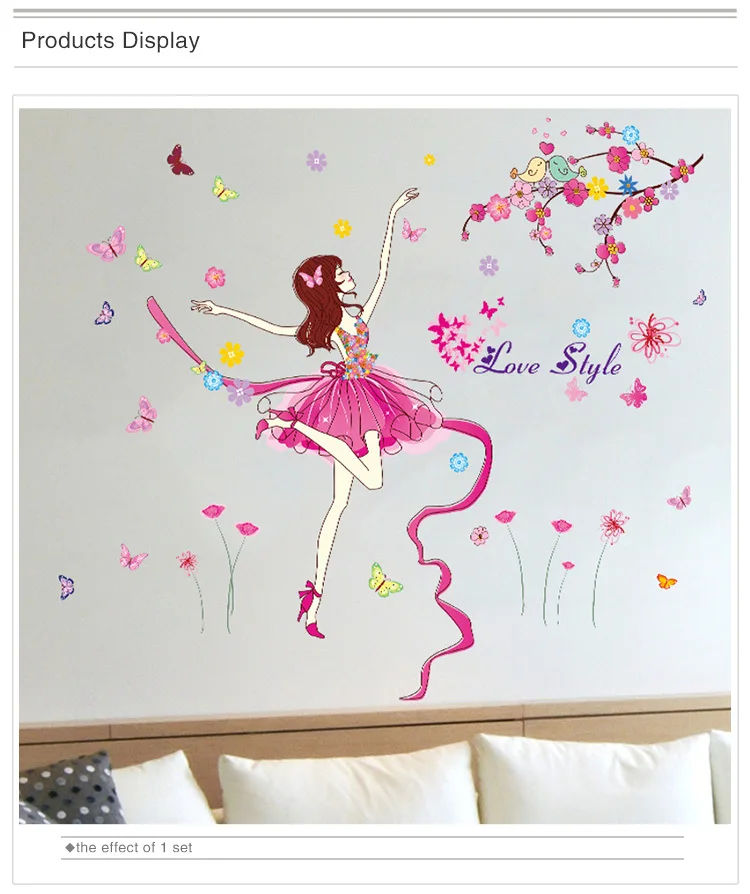 [SHIJUEHEZI] Ballet Dancer Girl Wall Stickers PVC Material DIY Flowers Bubbles Mural Decal for Kids Room Nursery Home Decoration