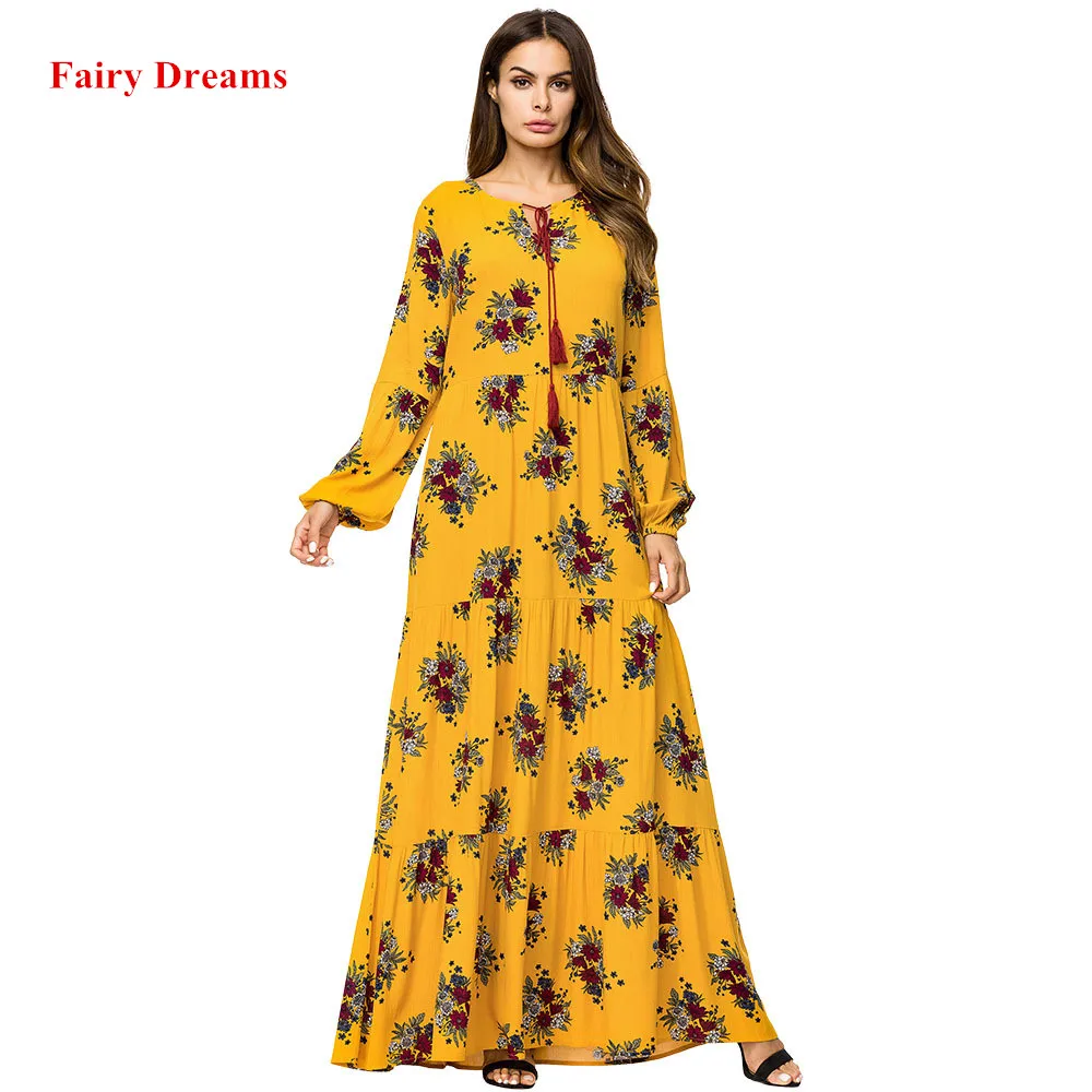 Abaya Dubai Long Sleeve Muslim Dress Women Flowers Yellow Turkey ...