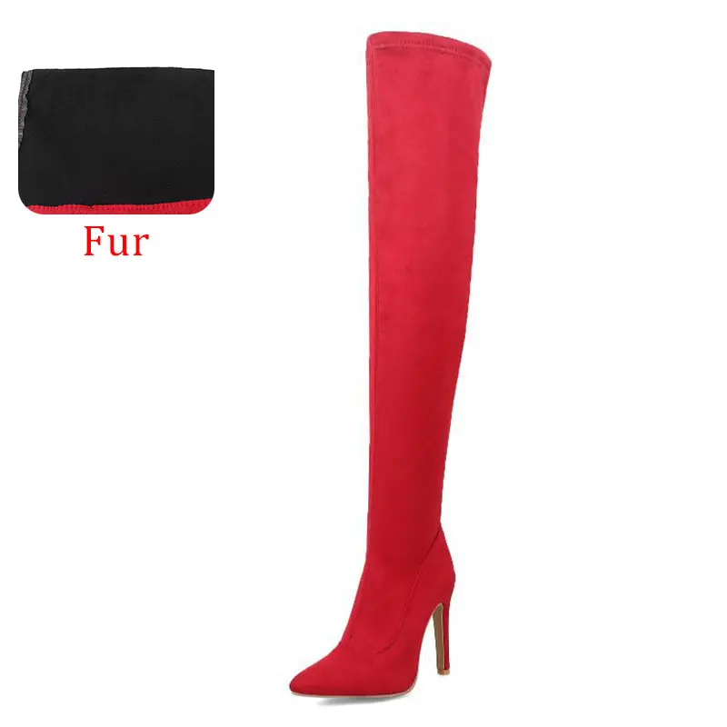 Taoffen/новые женские сапоги зимние сапоги выше колена теплая обувь на тонком высоком каблуке женские пикантные вечерние сапоги на меху обувь, размер 31-43 - Цвет: red fur