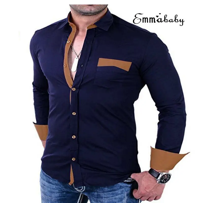 Мужская модная Роскошная стильная повседневная одежда облегающие рубашки Повседневная рубашка с длинным рукавом - Цвет: Тёмно-синий