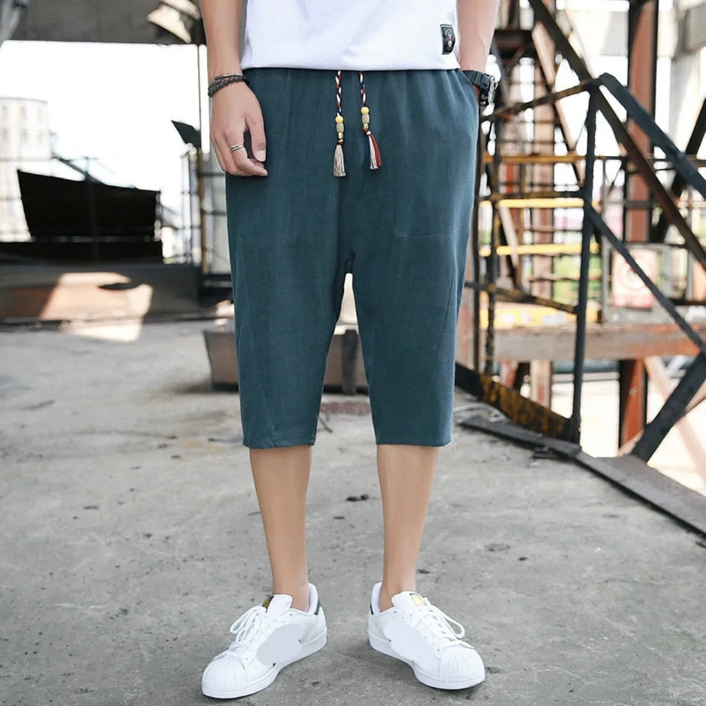 Мужские однотонные хлопковые и льняные укороченные летние шорты штаны повседневные дышащии эластичные для талии модные пляжные шорты качество 6,25