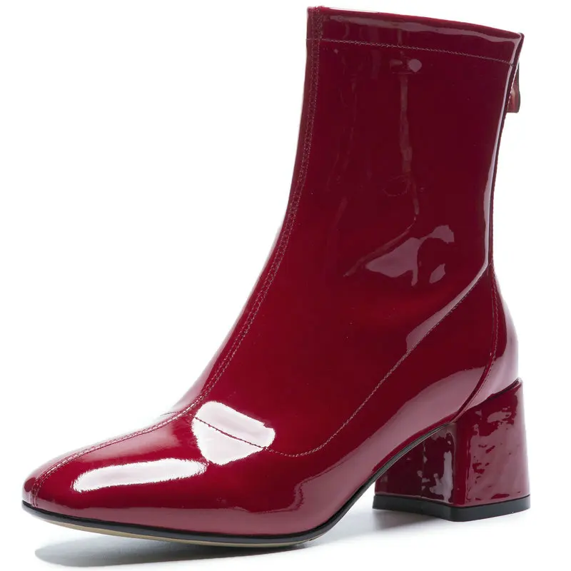 

Women Mirror Genuine Leather Square Toe Ankle Boots for Woman Fashion Brand Design Short Heel Patent Leather Zipper Boots 2019