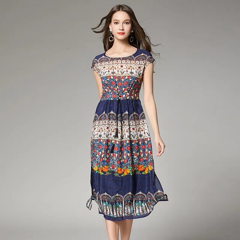 Blauwe bloemen zijde plus size party retro jurk vintage strand boho bohemian casual lange sexy 2019 vrouwen zomer korte mouw