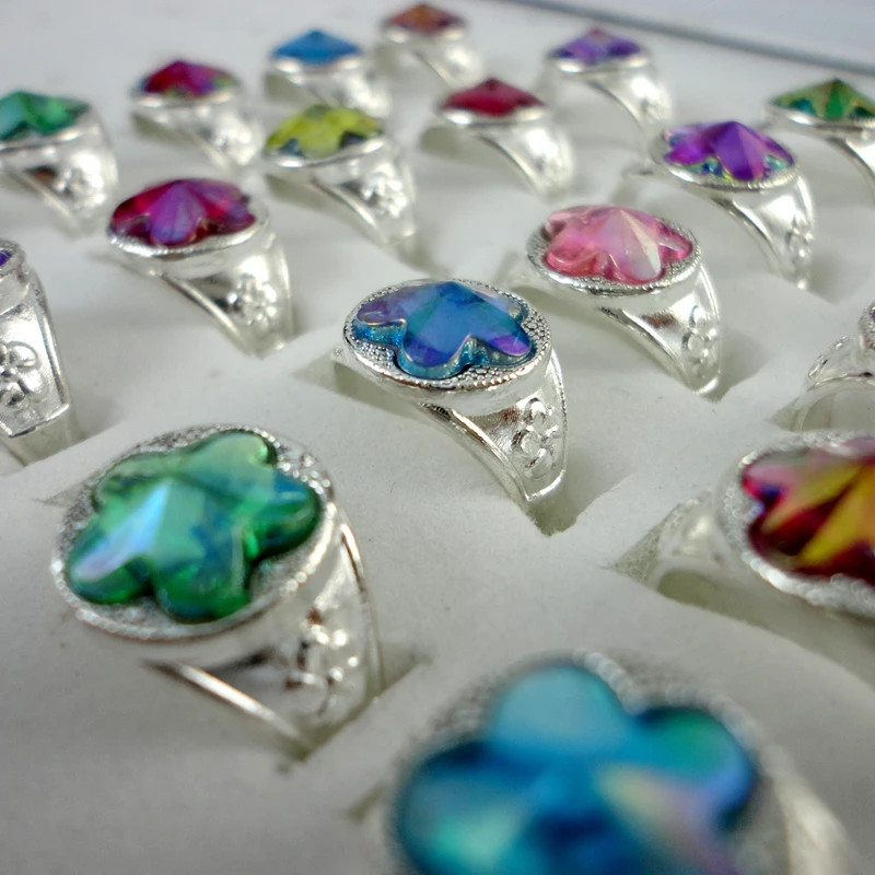 30Pcs Mix Color Silver Plated Crystal Ring For Children Boys Girls Wholesale Jewelry Rings Bulks Lots Hot Sale LR345