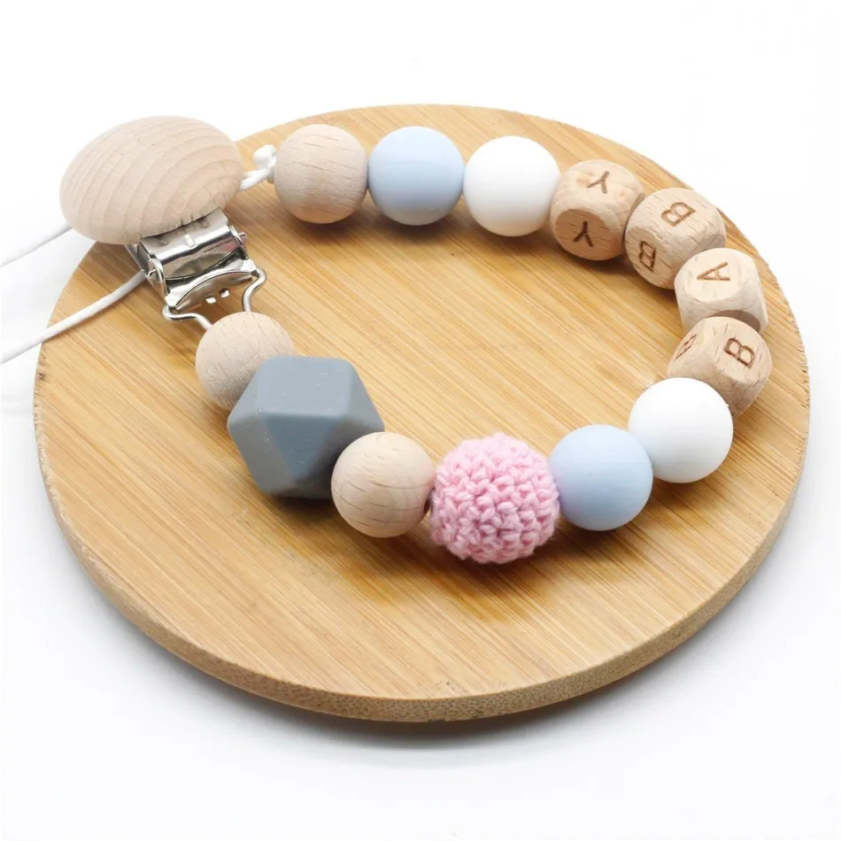 

Personalized Name Silicone & Wood Pacifier Clip with Engraved Wood Letter, Soother Clips, Baby Shower Gifts, Attache Sucette