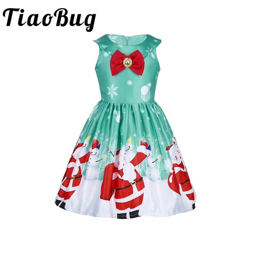 

Tiaobug Sleeveless Bowtie Christmas Santa Snowman Snow Flake Reindeer Printed Christmas Costumes Prom Dress for Xmas Party