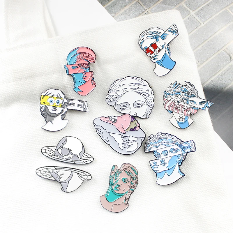 Cartoon characters Art Style of Abstract Space Brooches Pins Distortion dislocation Gypsum sculpture badge Enamel Jewelry Gift