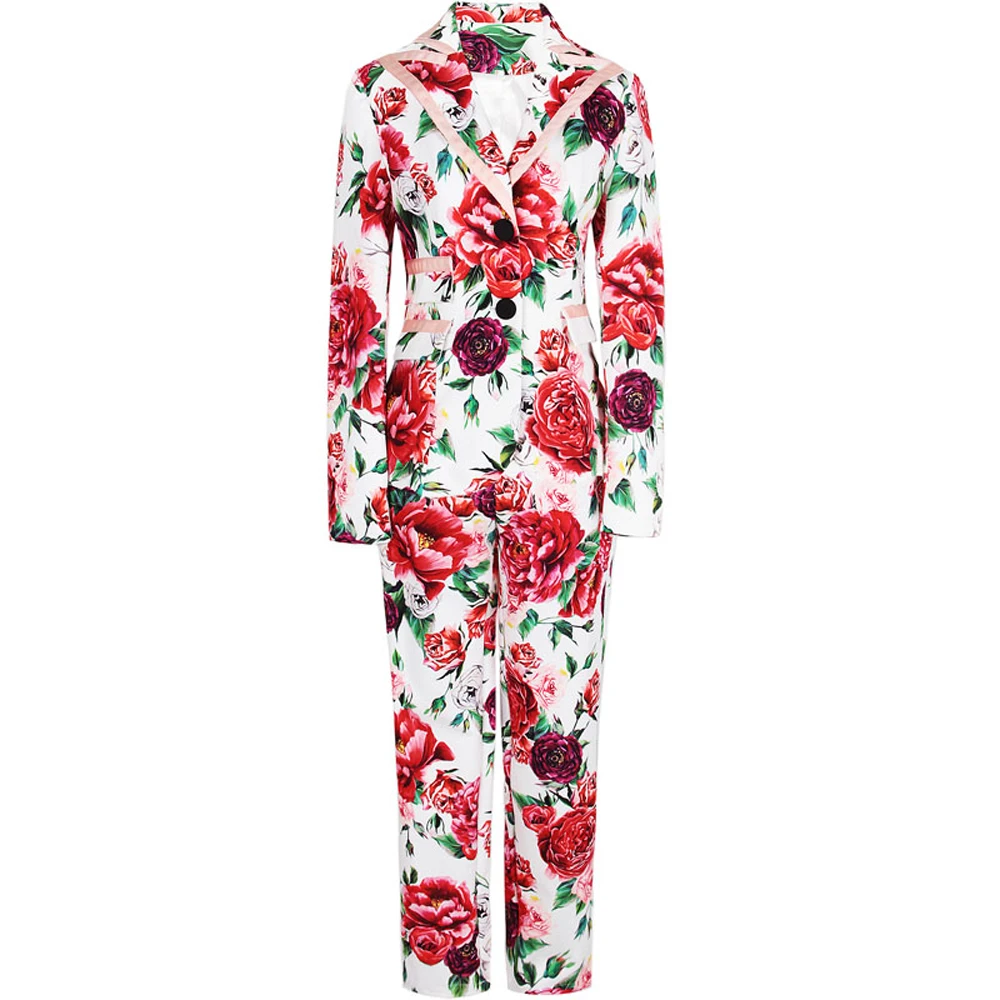 

Red RoosaRosee 2019 Women Runway Floral Print Sexy Turn-down Collar Jacket Top + Pencil Pants Fashion Suit Autumn Two Piece Set
